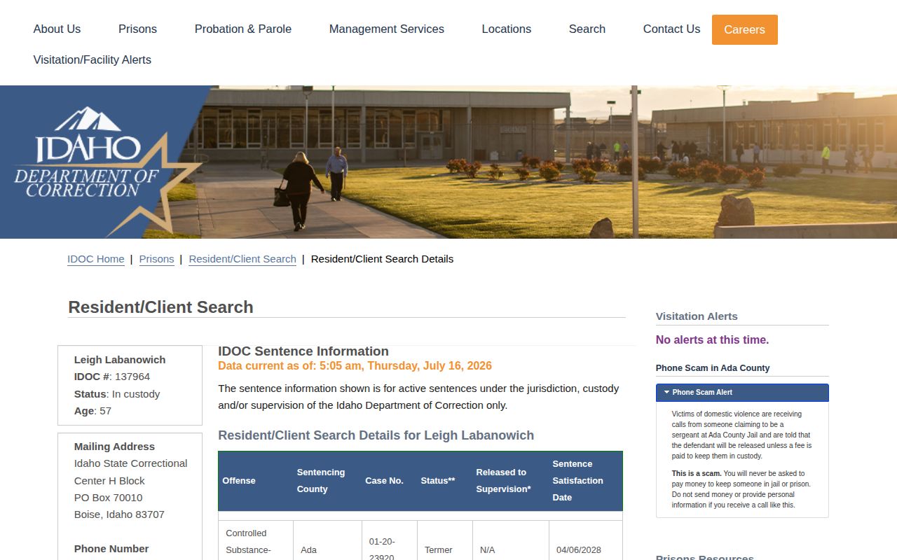 IDOC active resident detail showing sentence and parole date fields