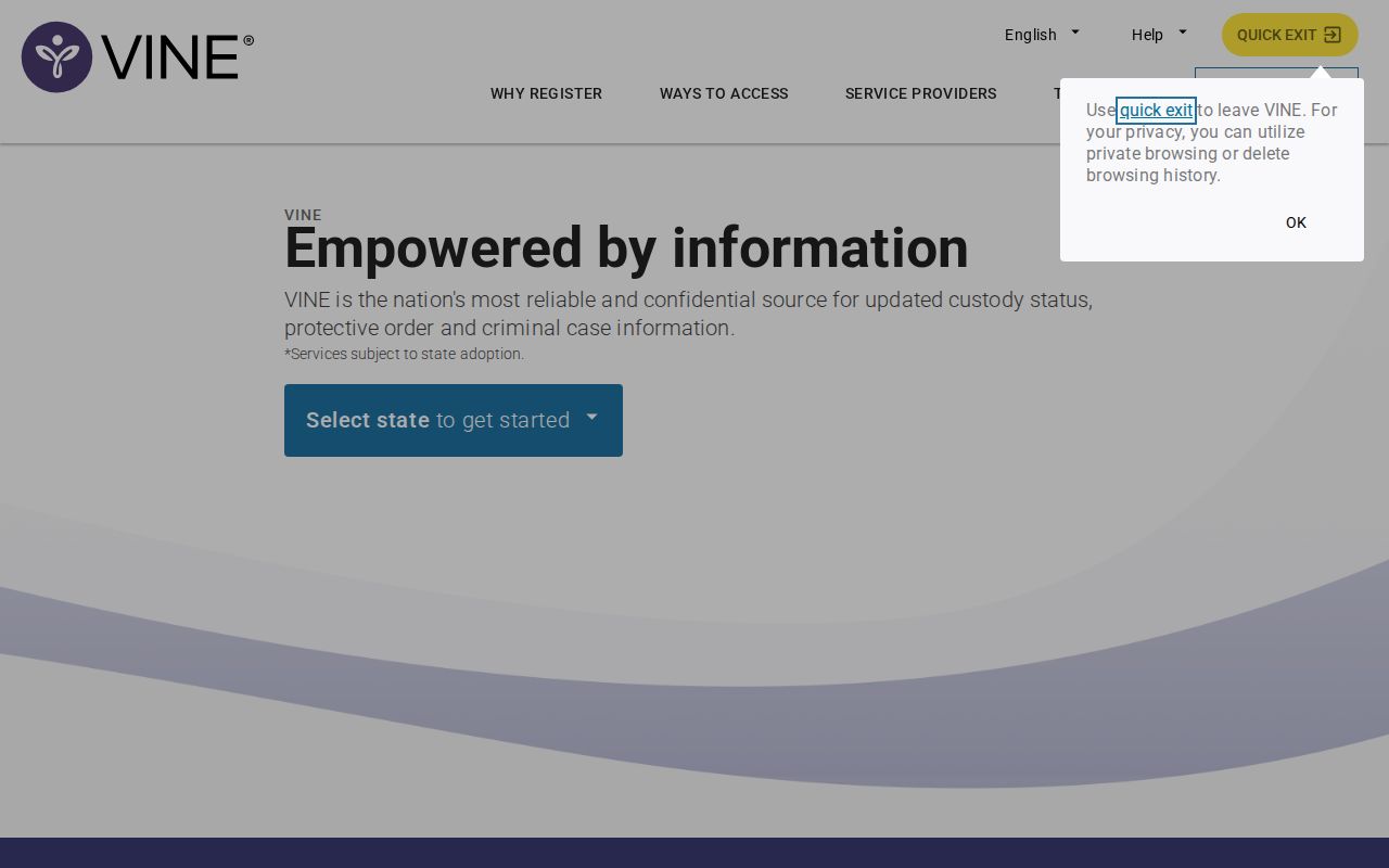 Idaho VINELink search and custody notification registration interface